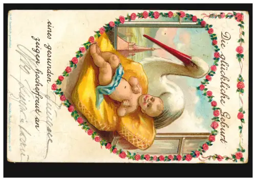 Prägekarte Tiere: Vögel - Storch mit Kind Glückwünsche zur Geburt, beschriftet