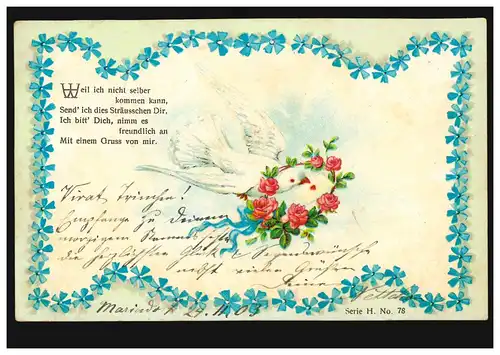 Carte de présage Animaux: Oiseaux - Pigeon-Combattant de roses, MARIADORF (RHEINLAND) 24.11.1903