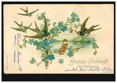 Carte de prévis Animaux: oiseaux - hirondelles avec violette, carte postale locale HILDEN 18.9.1905
