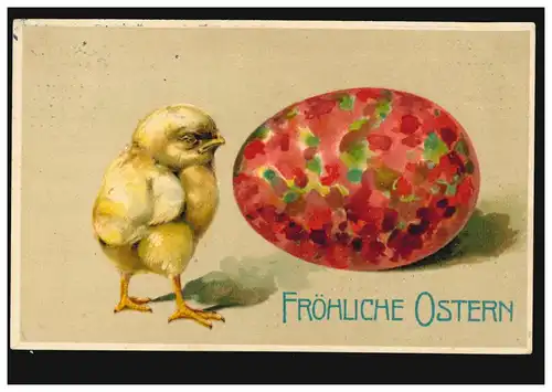 Prägekarte Tiere: Küken mit bemaltem Osterei, OLDENBURG 23.3.1913