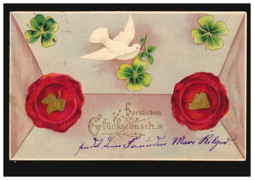 Prägekarte Tiere: Vögel - Taube mit Glücksklee im Schnabel, PASSAU 27.7.1904