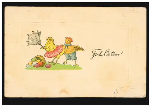 Carte de présage Animaux: Oiseaux - Poussins avec panier renversé plein d'œufs, SINGEN 6.4.12