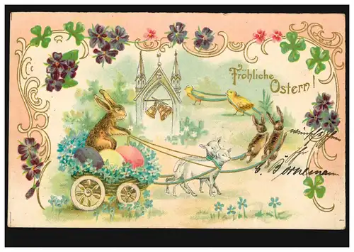 Prägekarte Tiere: Hasengespann mit Lämmer und Küken, per Bahnpost 1905