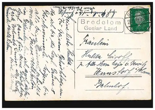 Landpost-Stempel Bredelen Goslar Land auf Geburtstags-AK GOSLAR LAND 28.11.1931