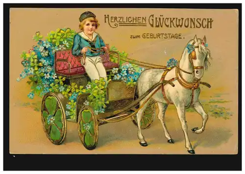 Prägekarte Tiere: Pferdegespann mit Glücksklee, GROSSMONRA 1.8.1911