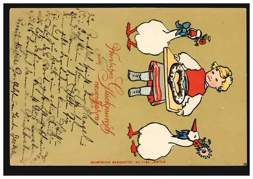 Prägekarte Tiere: Neujahrsgrüße geschmückte Gänse, FRANKFURT 31.12.1902