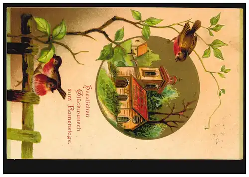 Carte de présage Animaux: Oiseaux - Petit oiseau rouge avec église, CÖLN 30.4.1908