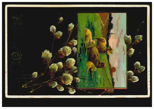 Prägekarte Tiere: Osterlämmer und Weidenkätzchen, POSEN 15.4.1913