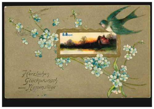 Prägekarte Tiere: Vögel - Schwalbe Dorfidylle Veilchengirlande, COLMAR 18.3.1910