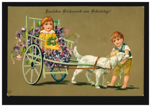 Carte de pré-plant animaux: accrochage de chiens avec enfants et trèfle chanceux, 21.2.1911