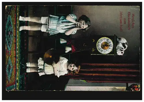 Carte de pré-plant Animaux: Chat sur l'horloge de stand Enfants chants de Nouvel An, Feldpost 23.12.1914