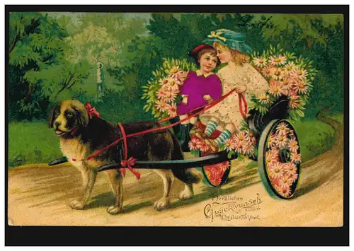 Carte de l'animal: Cousin de chien avec des filles et des fleurs, LINDAU 11.4.1912