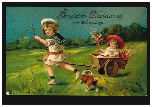 Prägekarte Tiere: Zwei Mädchen mit Hundewelpen, beschriftet