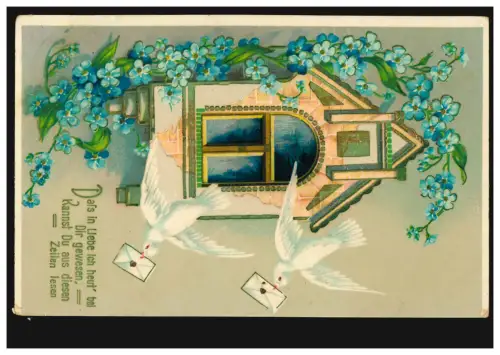 Prägekarte Tiere: Brieftauben mit Veilchengirlande, ROHRBACH in OBERSCHL. 3.6.12