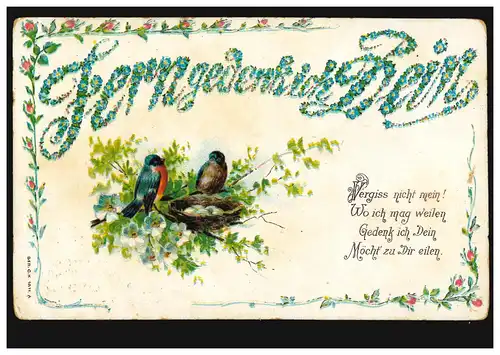 Prägekarte Tiere: Vögel - Gimpelpaar mit Nest voller Eier,  ungebraucht, um 1905