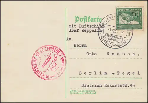 Zeppelin Hindenburg Fahrt in das befreite Sudetenland Postkarte SSt Ffm. 1.12.38