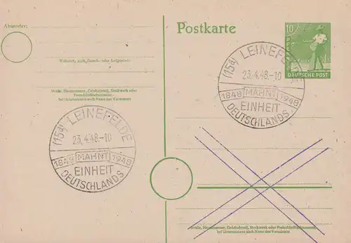 SSt LEINEFELDE 1848-1948 Einheit Deutschlands 23.4.1948 auf Postkarte P 961