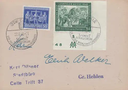 Währungsreform Zehnfachfrankatur 968+970 auf Postkarte mit SSt CELLE 22.6.1948