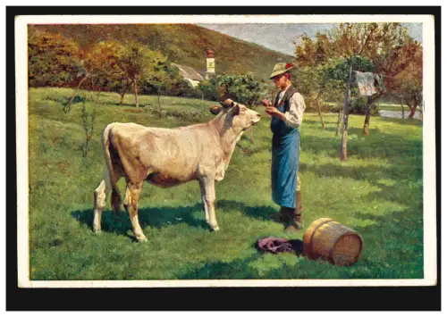 Künstler-AK Karl Feiertag: Land - Idylle - Bauer mit Rind, Wiener Kunst, ungebr.