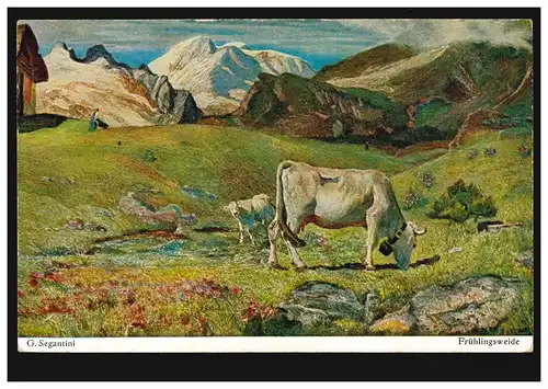AK artiste Segantini: vache de pâturage de printemps avec des veaux sur la branche, inutilisé