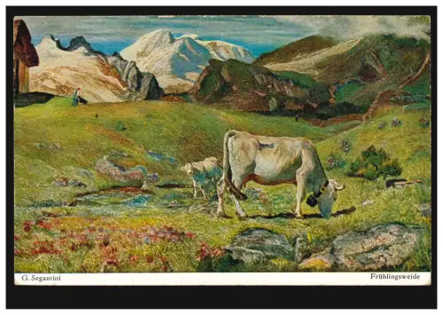 AK artiste Segantini: vache de pâturage de printemps avec des veaux sur la branche, inutilisé