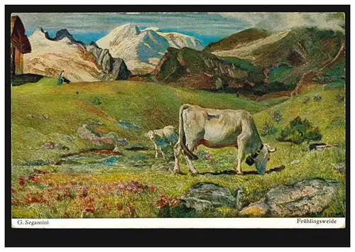 Künstler-AK Segantini: Frühlingsweide Kuh mit Kälbchen auf der Alm, ungebraucht