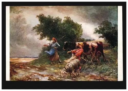 Künstler-AK Laugee: Wind before the storm - Bäuerin und Junge mit Kuh und Schaf