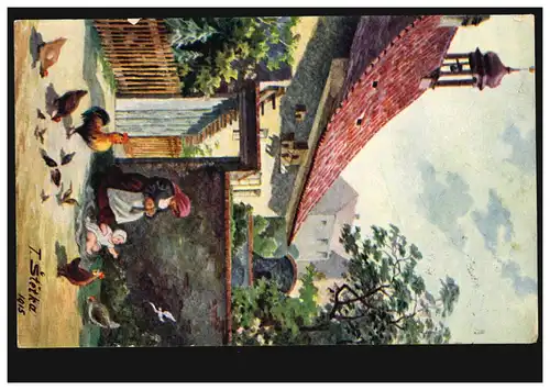 AK Artiste T. Stetka 1915: Pisek - Ferme avec poulets, couru vers 1922