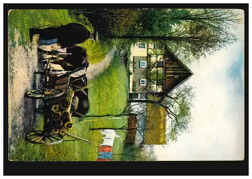 Tiere-AK Forstwirtschaft: Ochsengespann beim Holztransport, gelaufen um 1910