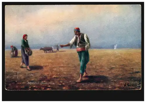 AK Armenien: Mann und Frau bei der Aussaat per Hand Rindergespann, ungebraucht