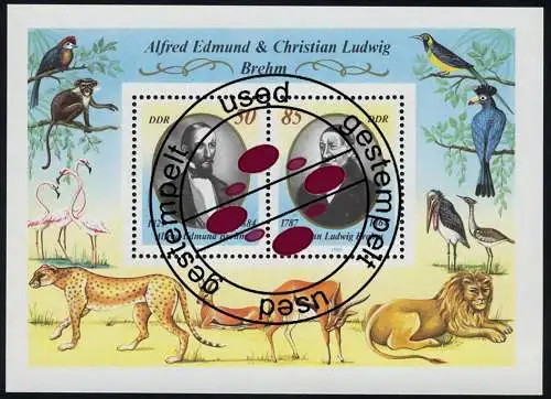 Bloc 98 Alfred et Christian Brehm 1989, avec le cachet du jour