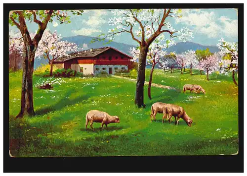 Künstler-AK Landschaft mit Schafen im Frühling, BEVERUNGEN 3.9.1912