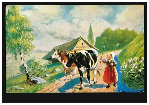Künstler-AK Mädchen als Hüterin der Kühe, ungebraucht, um 1910 