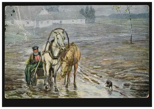 Künstler-AK Wiederhold: Schneemelze - Russisches Pferdegespann, gelaufen 1925