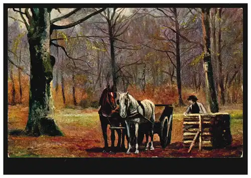 Künstler-AK Pferdegespann beim Holztransport, FRANKFURT/MAIN 27.10.1906