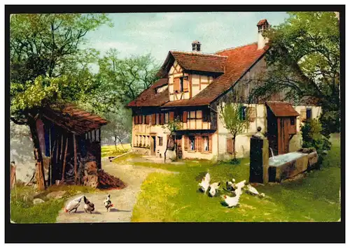Künstler-AK: Bauernhof mit Hühnern, PFORZHEIM 23.3.1908