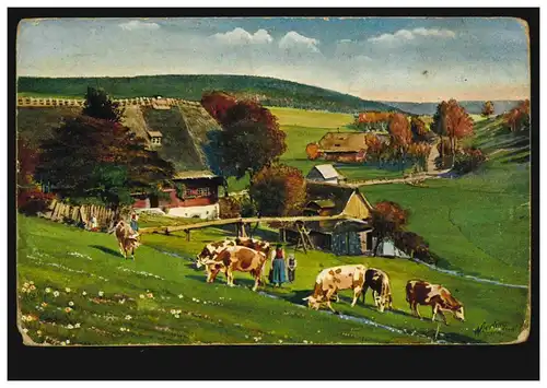 Artiste-AK Schwarzwaldhaus dans la vallée de Schilatcht avec le troupeau de bovins, poste de campagne 1914/1918
