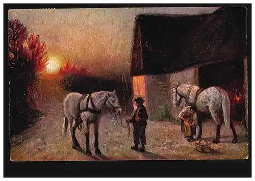 Künstler-AK Dorfidylle mit Pferden: Abends beim Hufschmied, gelaufen um 1910