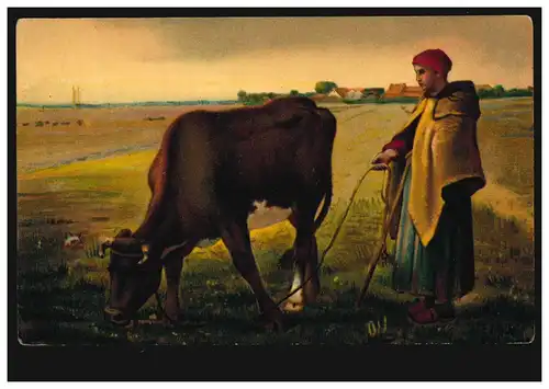 AK artiste François Millet: Vers le pâturage - vache avec berger, couru vers 1922