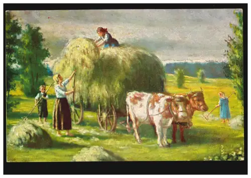 Tiere-AK Frau und Kinder bei der Heuernte mit Ochsengespann, ungebraucht