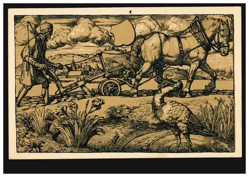 Künstler-AK Boehle: Pflügender Bauer im Mittelalter mit Storch, ungebraucht