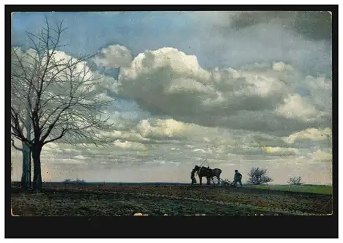 Künstler-AK Landschaftsbild mit Pferdegespann beim Pflügen, STUTTGART 25.6.1908