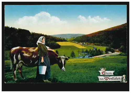 AK Gruss de Westphalie: fermier avec lait et vache, non utilisé