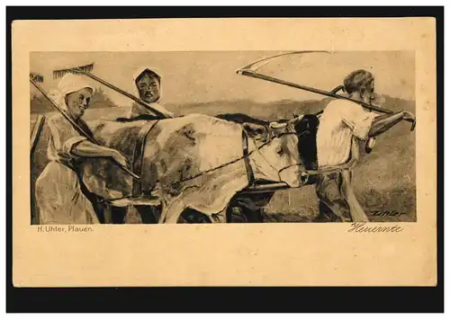 AK H. Uhler: moissonneuse de foin - agriculteurs avec des bovins en raquette, inutilisé