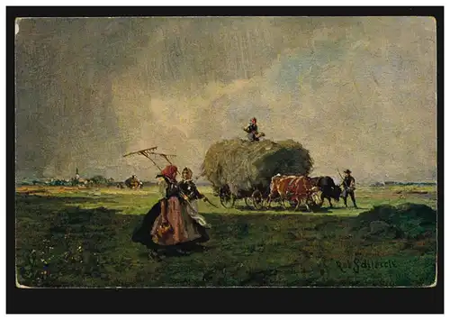 Künstler-AK R. Schleich: Heuernte - Bäuerinnen und Ochsengespann, ungebraucht