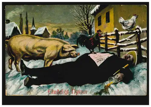 Humor-AK Betrunkener auf der Dorfstraße mit Schwein und Hühnern, gelaufen 1914