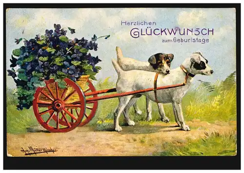 AK animal: Le chien accrochage apporte des fleurs d'anniversaire, HANNOVER 14.7.1906