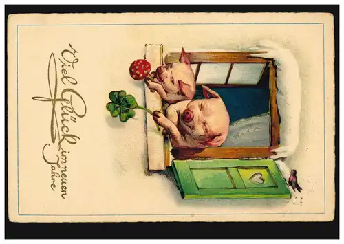 Tiere-AK Neujahr: Zwei Schweine am Fenster mit Fliegenpilz und Glücksklee, 1937 