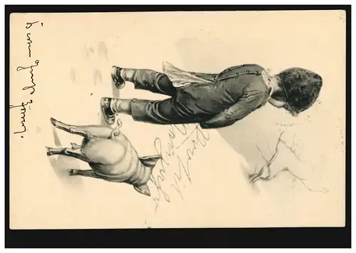 AK humour avec porc: Le garçon pisse dans la neige PROSIT, KARLSRUHE 1906