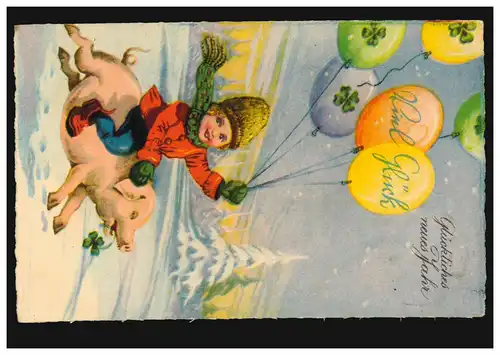 Filles de Nouvel An AK avec ballons et trèfle chanceux monter sur porc, 2.1.19229